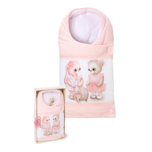 Baby Einschlagdecke Rosa mit niedlichem Teddy und Häschen Druck