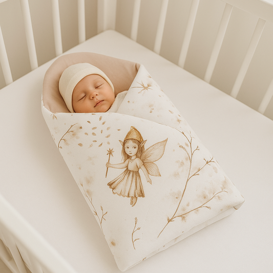 Babypuppe in weißer Einschlagdecke mit Feenmotiv liegt in weißem Babybett auf weißem Laken