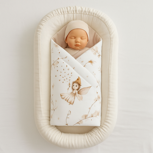 Babypuppe liegt in weißer Einschlagdecke mit Feenmotiv in hellbeigem Babykokon auf weißem Hintergrund.