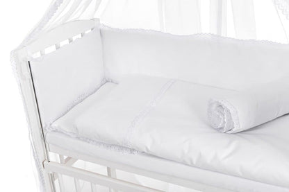Baby Bettwäsche für Beistellbett 40x90 – Weiß mit Baldachin & Spitze - babyhafen.de 