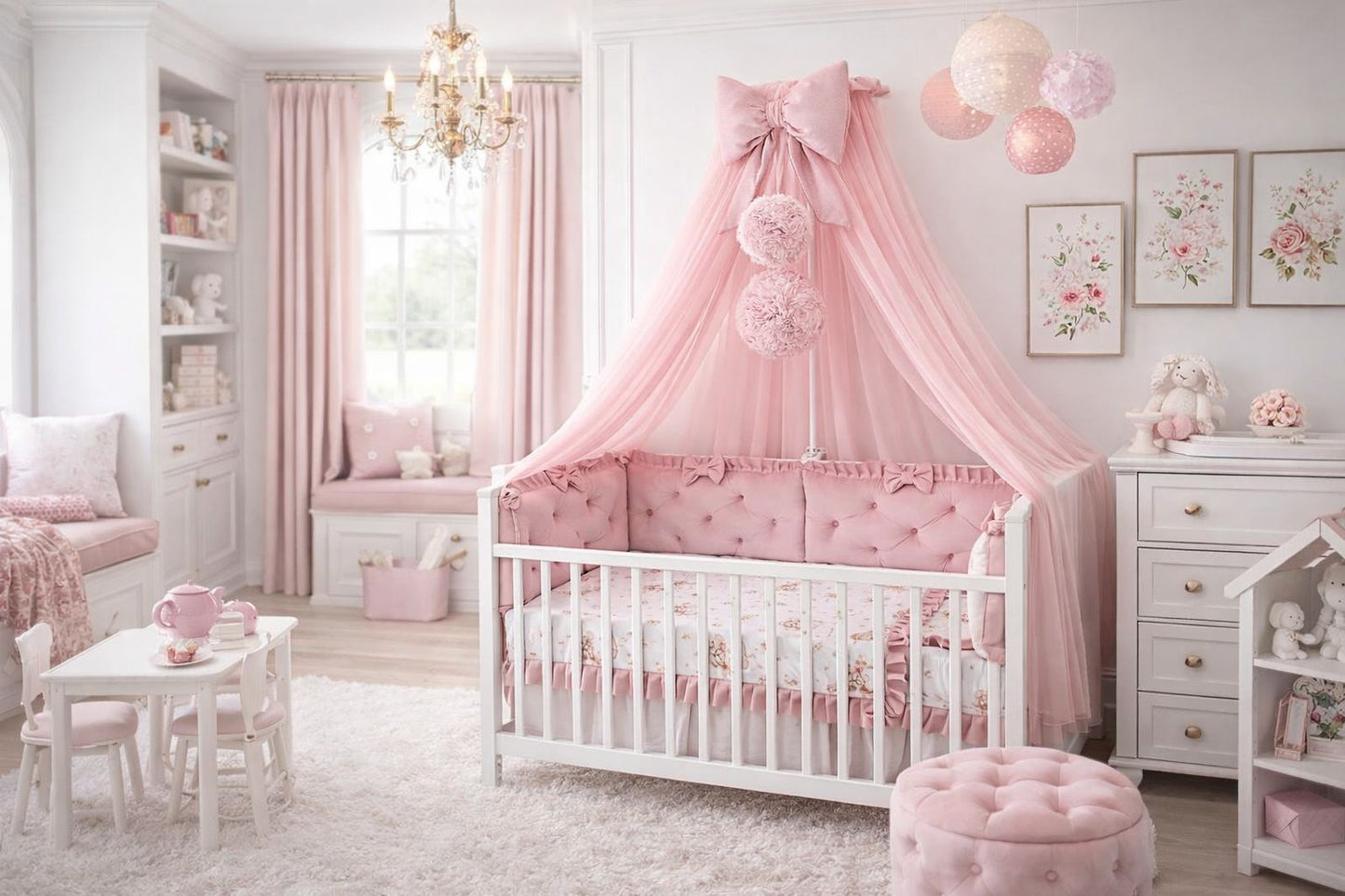 Elegantes Babybett 60x120 mit kompletter Ausstattung in Rosa Babyhafen