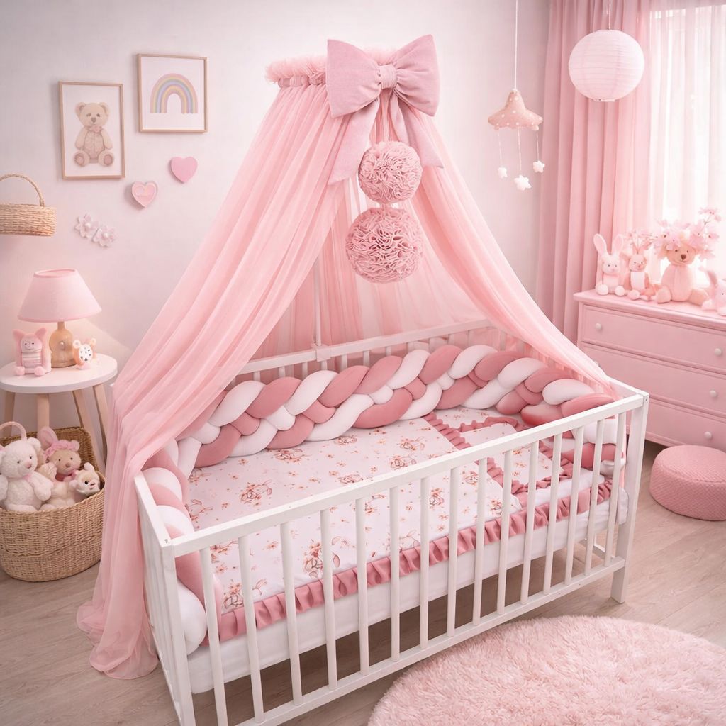 Elegantes Babybett 60x120 Rosa mit Samt Zopfschlange und Baldachin im Kinderzimmer