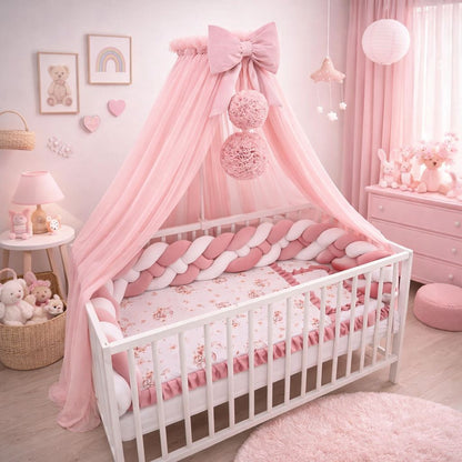 Elegantes Babybett 60x120 Rosa mit Samt Zopfschlange und Baldachin im Kinderzimmer