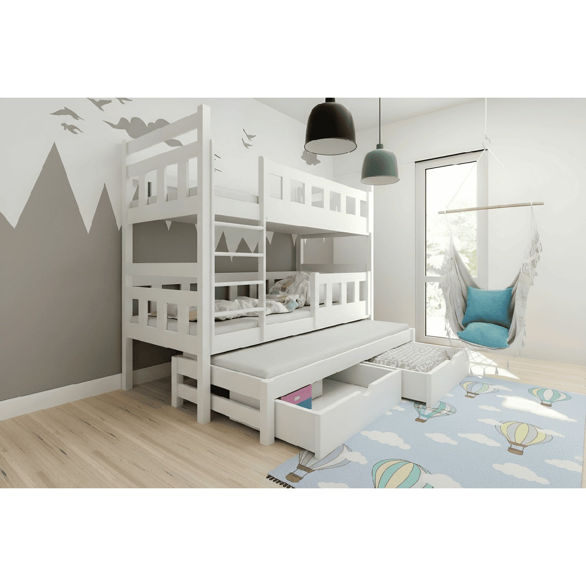 Weißes Etagenbett aus Massivholz mit Ausziehbett und Schubladen, eingerichtet in einem modernen Kinderzimmer mit Hängesessel