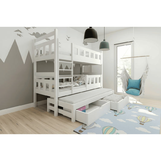 Weißes Etagenbett aus Massivholz mit Ausziehbett und Schubladen, eingerichtet in einem modernen Kinderzimmer mit Hängesessel