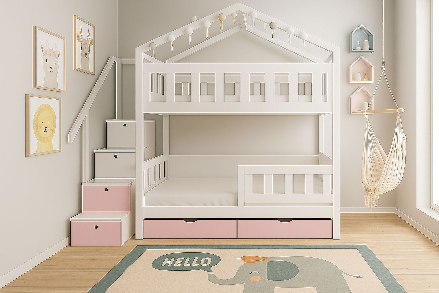 Weißes Kinder-Etagenbett in Hausform mit Treppe und Stauraum-Schubladen für zwei Kinder