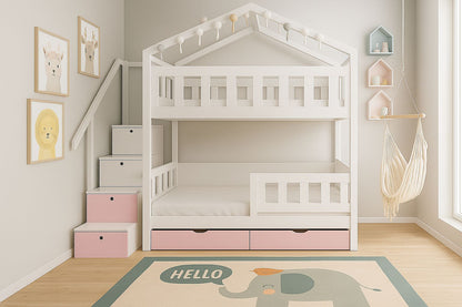 Weißes Kinder-Etagenbett in Hausform mit Treppe und Stauraum-Schubladen für zwei Kinder