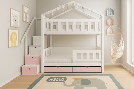 Weißes Kinder-Etagenbett in Hausform mit Treppe und Stauraum-Schubladen für zwei Kinder