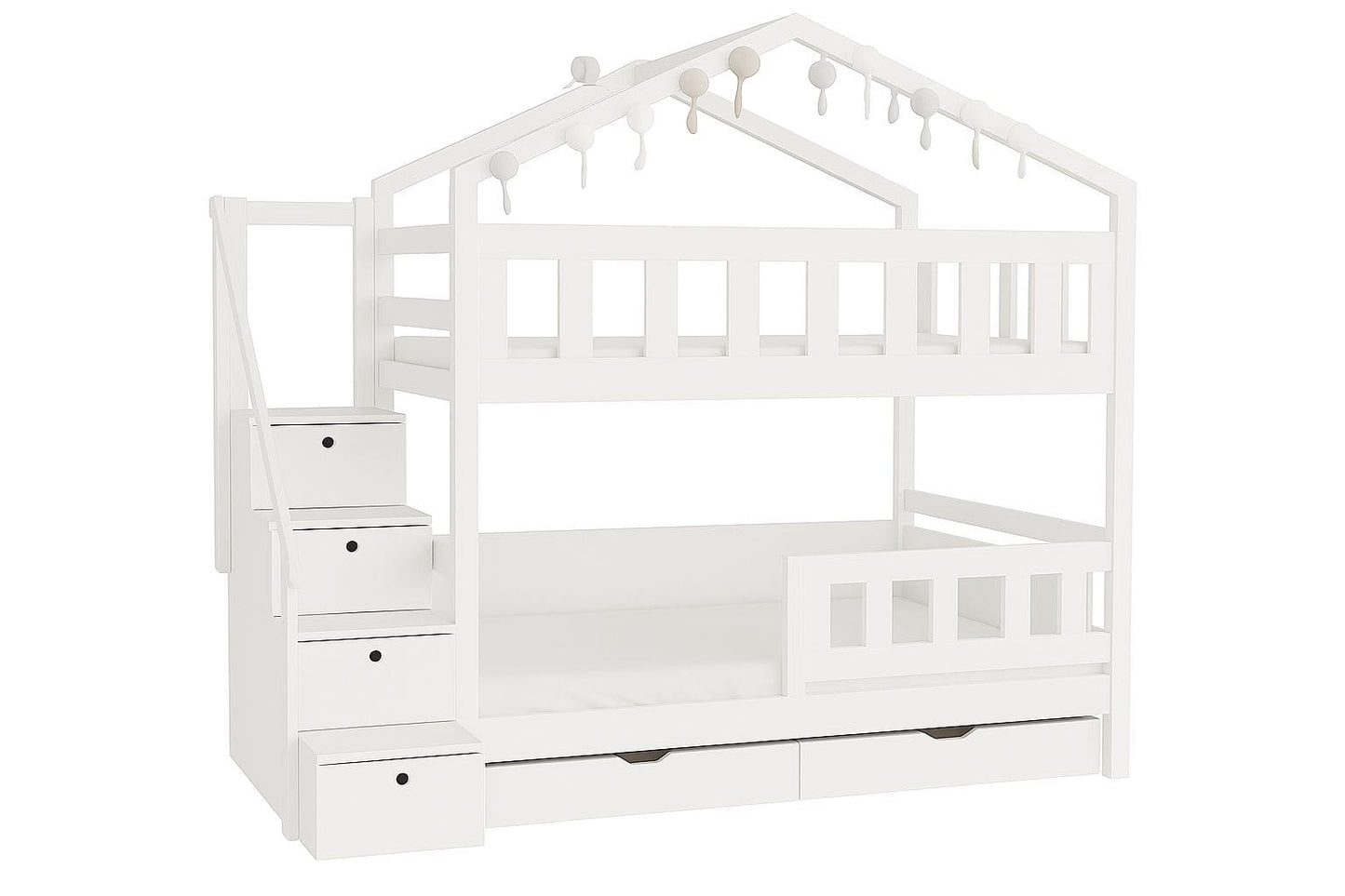 Massivholz Etagenbett Hausform mit sicherem Aufstieg über Treppe und hohem Schutzgeländer