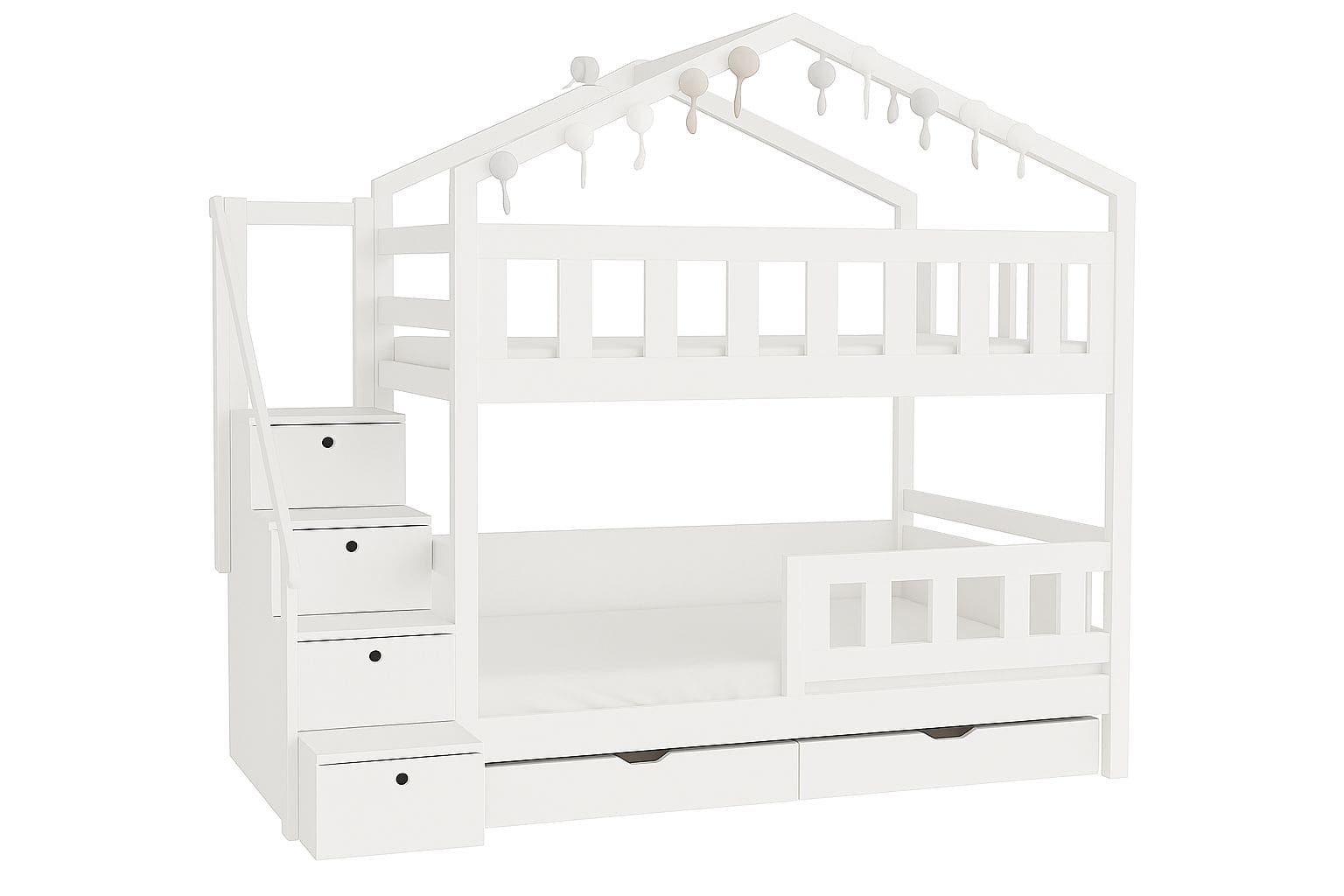 Massivholz Etagenbett Hausform mit sicherem Aufstieg über Treppe und hohem Schutzgeländer