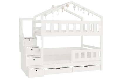 Massivholz Etagenbett Hausform mit sicherem Aufstieg über Treppe und hohem Schutzgeländer