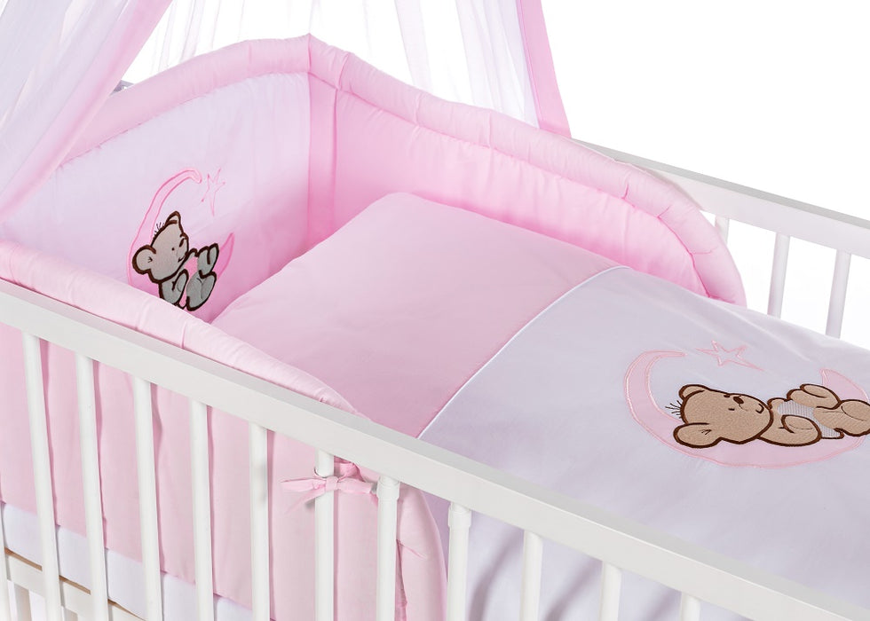 Komplettbett 120 × 60 Babybett Teddy auf dem Mond, rosa - babyhafen.de 