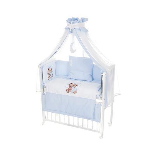 Beistellbett Weiß Boxspring mit Teddy-Blau-Bettwäsche und Himmel - Babyhafen