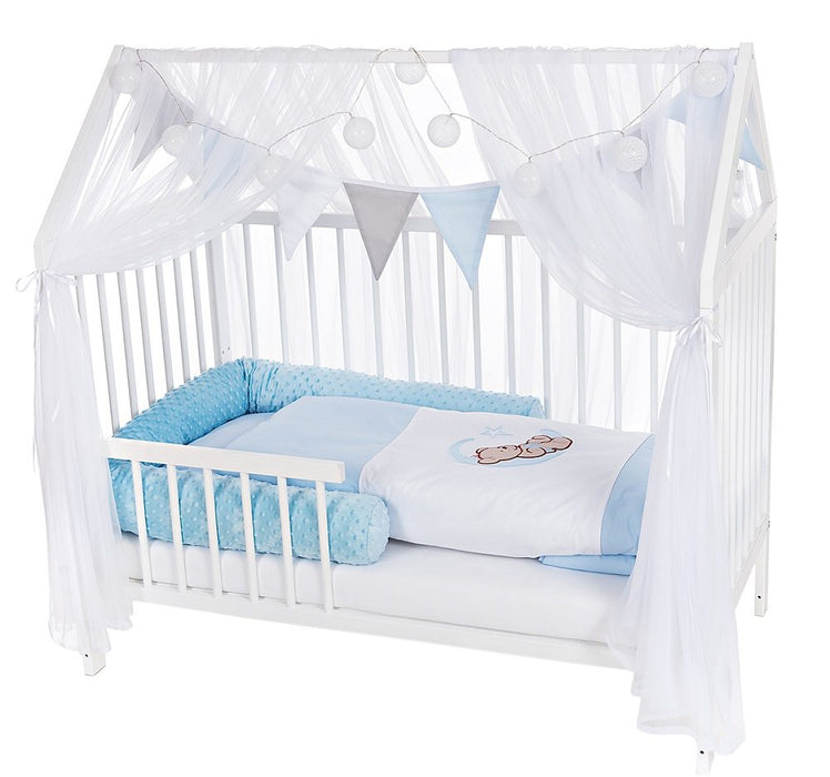 Hausbett 120x60 Rausfallschutz Umbaubar Ausstattung Teddy blau - babyhafen.de 