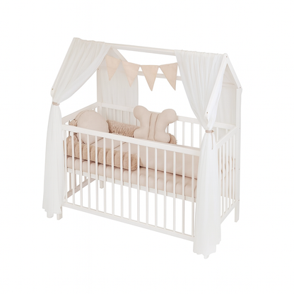 Hausbett 60x120 Weiß mit Himmel und Babybettset Beige