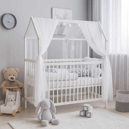 Babyhafen Hausbett 60x120 Weiß – Babybett mit Himmel und grauer Wolken-Bettwäsche