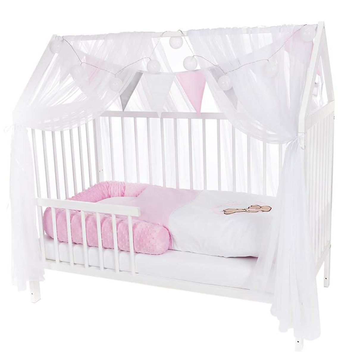 Hausbett Babybett 120x60 cm in Weiß mit rosa Teddy Bettwäsche und Rausfallschutz