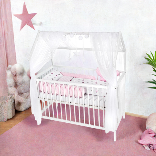 Hausbett Kinderbett 120x60 Matratze Minky Bettset Sterne Rosa - babyhafen.de 