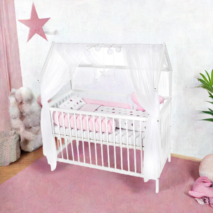 Hausbett Kinderbett 120x60 Matratze Minky Bettset Sterne Rosa - babyhafen.de 