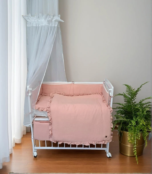 Beistellbett 40x90 mit Matratze, Himmel & 6tlg. Musselin Rosa Bettwäsche + Wagen-Set - babyhafen.de 