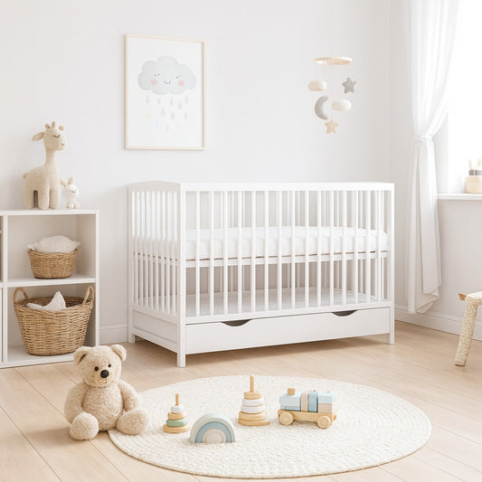 Kinderbett Esther 120x60 Weiß – Babybett aus Massivholz im skandinavischen Kinderzimmer mit Spielzeug und Deko