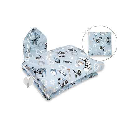Baby Schlafsack Gamer Blau mit Minky Decke und Kopfkissen für Jungen