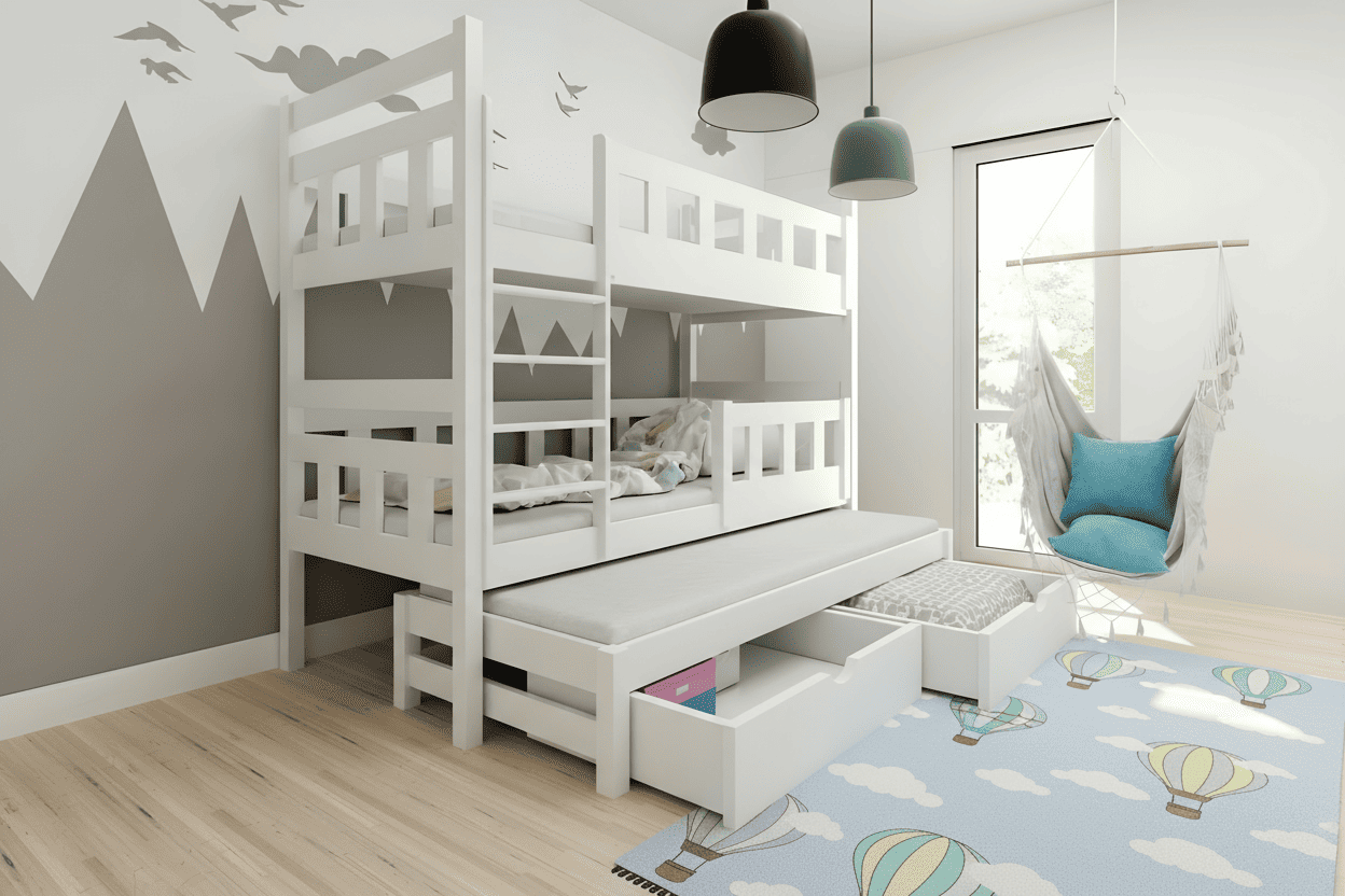 Weißes Etagenbett aus Holz mit zwei Liegeflächen und ausziehbaren Schubladen im modernen Kinderzimmer mit Hängesessel und Heißluftballon-Teppich