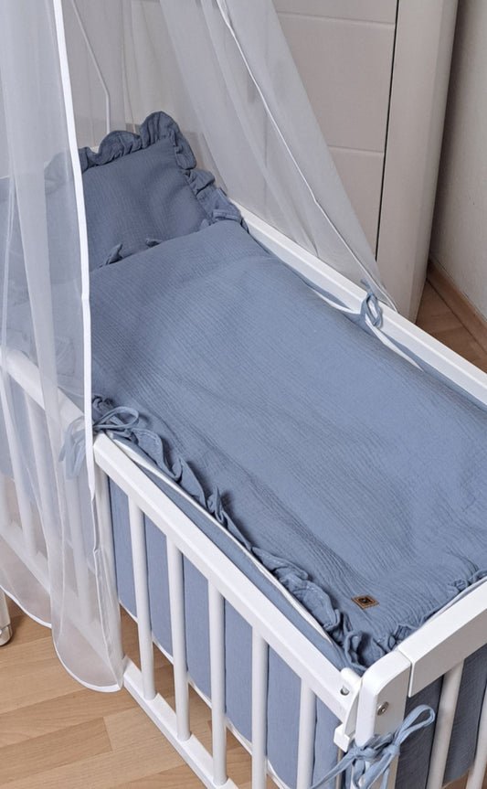 3in1 Beistellbett mit Musselin-Bettwäsche – Jeansblau - babyhafen.de 