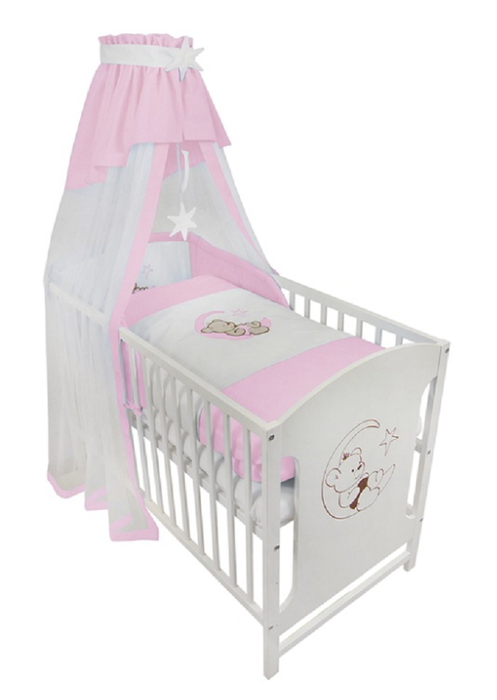 Komplettbett 120 × 60 Babybett Teddy auf dem Mond, rosa - babyhafen.de 