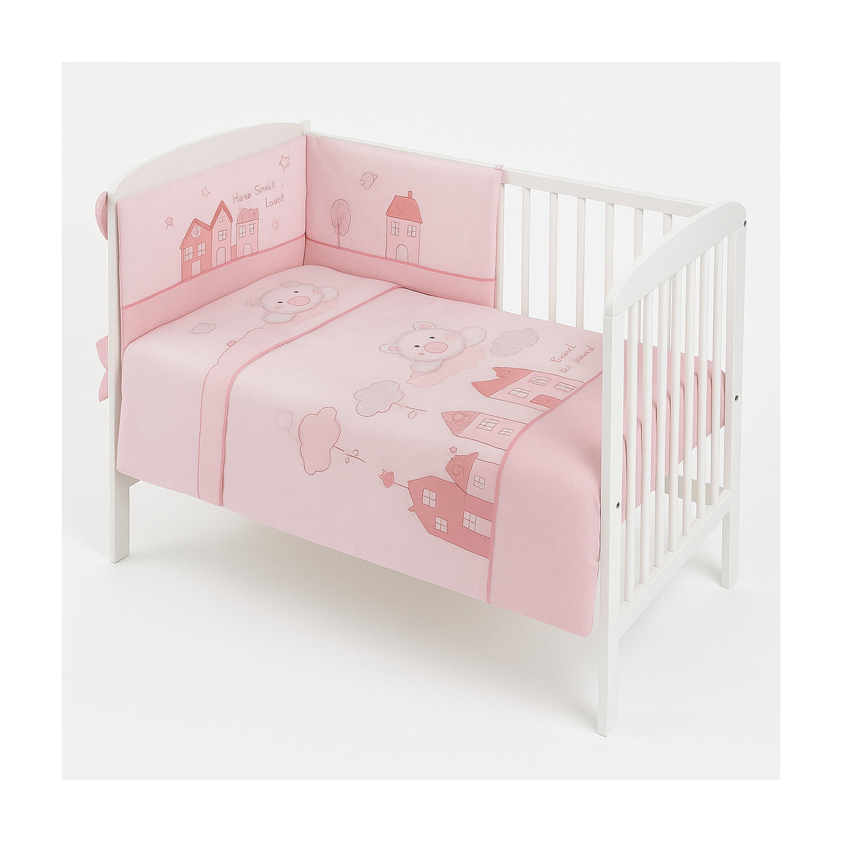Babyhafen Kinderbett 60x120 Bio Muffi Rosa mit Bärchenmotiv und Bettwäsche-Set