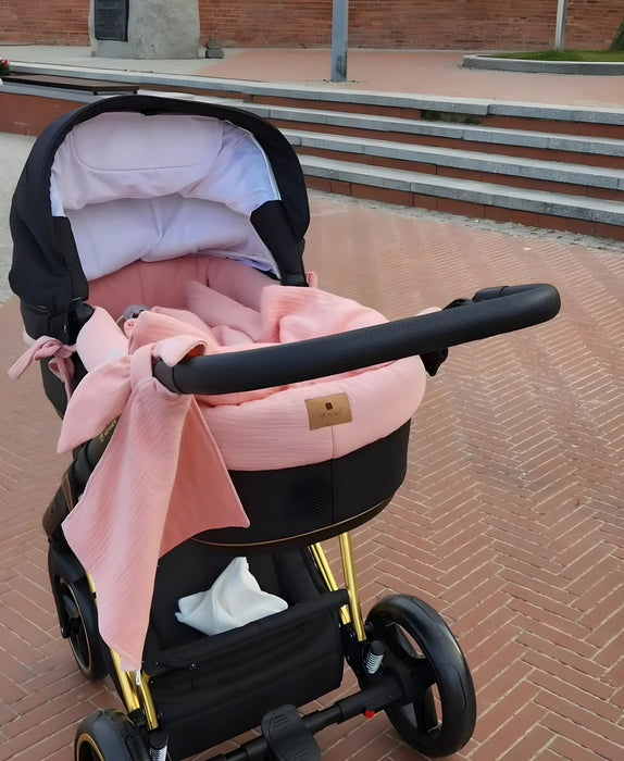 Baby-Kinderwagen Set Rosa – 5-teilig – Musselin Baumwolle 100%