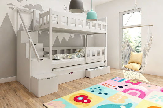 Etagenbett DreamSteps 200x90 von Babyhafen – Massivholz Kinderbett mit Treppe, Schubladen und Schutzgeländer in Weiß