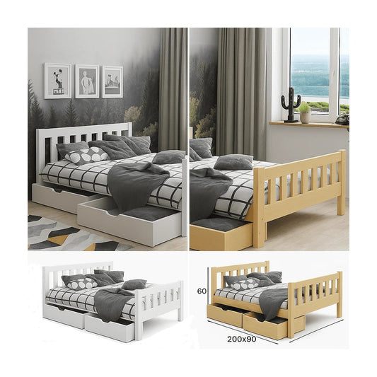 Massivholz-Kinderbett 200×90 cm mit zwei Schubladen, dargestellt in Weiß und Naturholz, inklusive Detailansicht der Maße