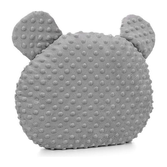 Graues Minky-Bärenkissen mit Ohren als Deko im Kinderbett – weiches Kuschelkissen fürs Kinderzimmer, hautfreundlich und pflegeleicht.