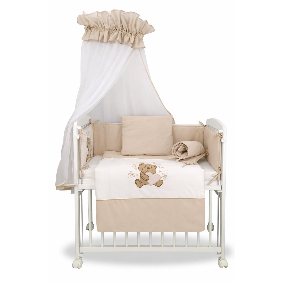 3in1 Beistellbett Knuddelbärchen aus Holz mit beiger Bettwäsche