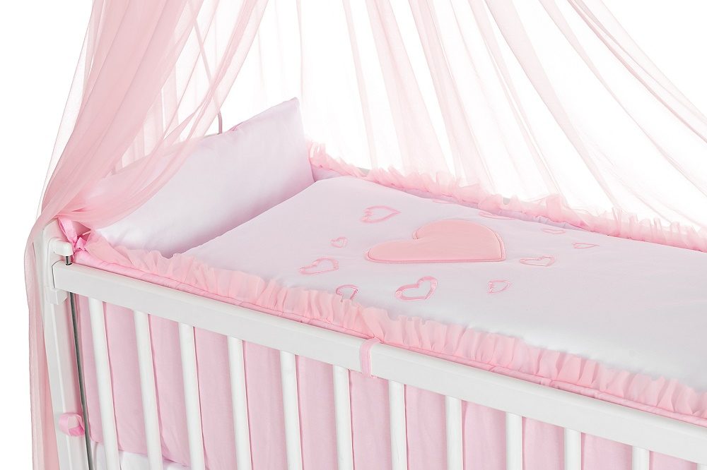 Mobiles Beistellbett 90x40 mit Rollen Komplett Herzen rosa - babyhafen.de 