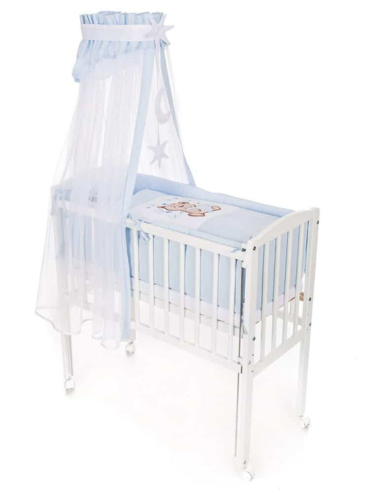 Mobiles Beistellbett mit Rollen Komplett Krabbeldecke Teddy Blau - babyhafen.de 