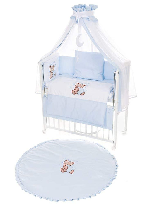 Mobiles Beistellbett mit Rollen Komplett Krabbeldecke Teddy Blau - babyhafen.de 