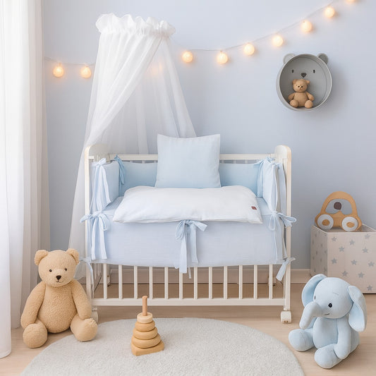 Babyhafen Beistellbett Sweater Soft Blau – Babybett mit Himmel und Bettwäsche für Jungenzimme