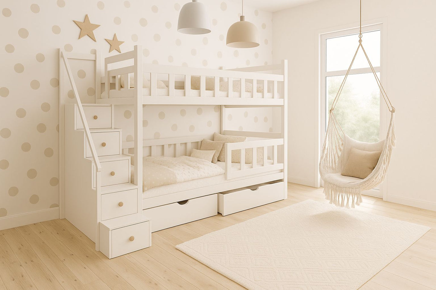 Etagenbett DreamSteps 200x90 von Babyhafen – Massivholz Kinderbett mit Treppe, Schubladen und Schutzgeländer in Weiß