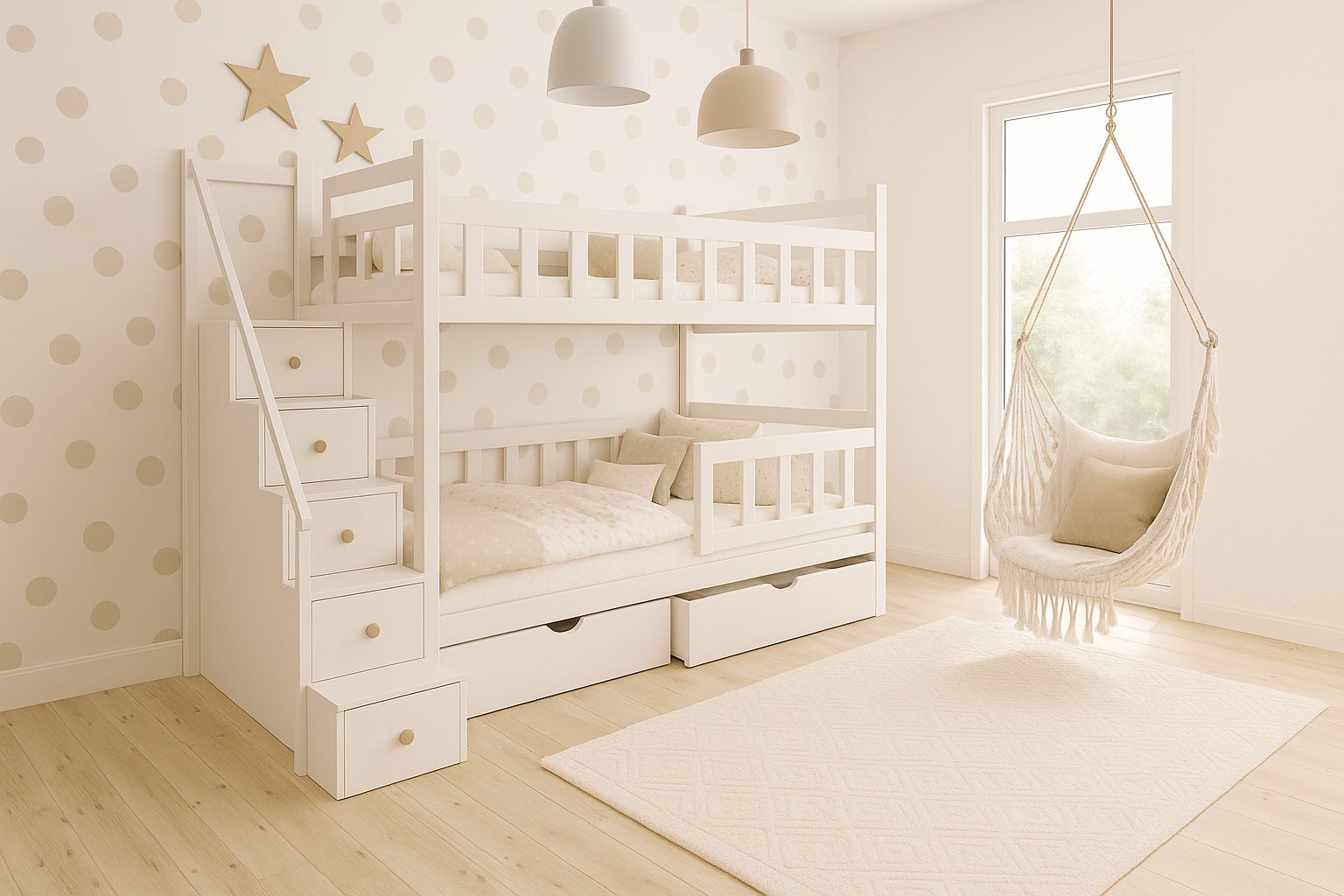 Etagenbett DreamSteps 200x90 von Babyhafen – Massivholz Kinderbett mit Treppe, Schubladen und Schutzgeländer in Weiß