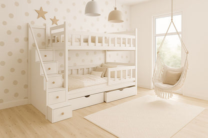 Etagenbett DreamSteps 200x90 von Babyhafen – Massivholz Kinderbett mit Treppe, Schubladen und Schutzgeländer in Weiß