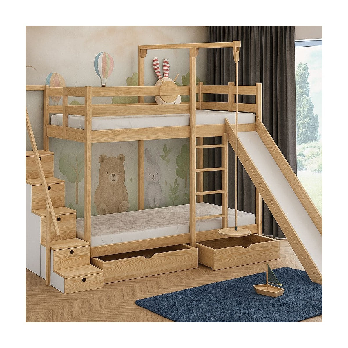 Natürliches Kinder-Etagenbett aus Massivholz mit Treppe, Rutsche, Stauraum und Spielseil in einem hellen Kinderzimmer.