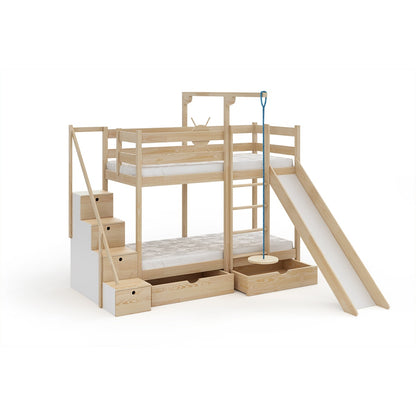 Naturfarbenes Massivholz-Etagenbett mit Rutsche, Treppe und Stauraumschubladen – Modell Spaßinsel
