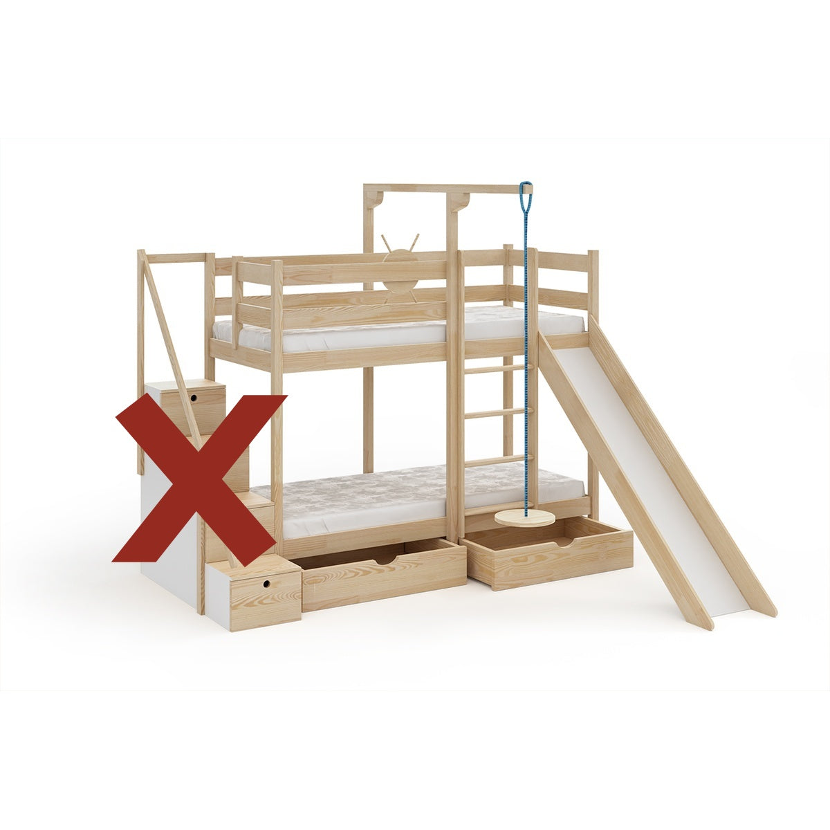 Etagenbett Spassinsel Abenteuer 200x90 mit Rutsche, Treppe & Stauraum aus Massivholz