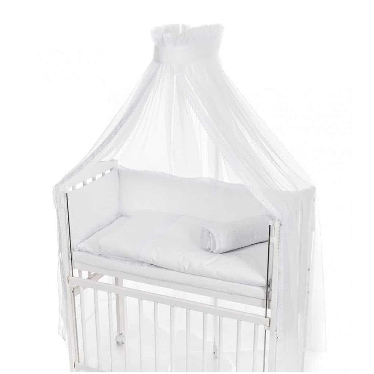 Baby Bettwäsche für Beistellbett 40x90 – Weiß mit Baldachin & Spitze - babyhafen.de 