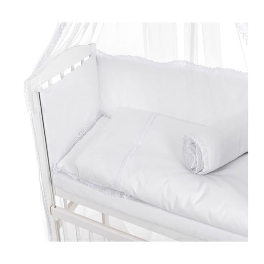 Babybettwäsche Weiß mit Spitze und Chiffon-Baldachin – elegante Baumwollbettwäsche für Beistellbett 90x40 cm