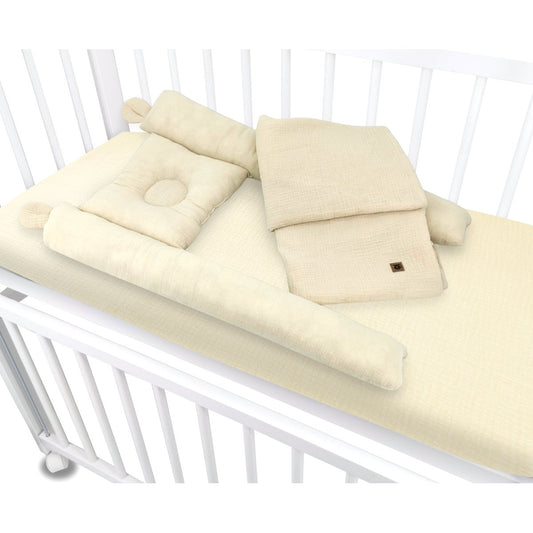 Beistellbett 90x40 mit Rollen, höhenverstellbarer Liegefläche und Musselin-Komplettset