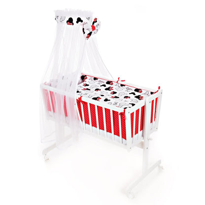 Pendelwiege für Baby mit Minnie-Mouse-Bettwäsche, weiße Babywiege mit Himmel und kompletter Garnitur