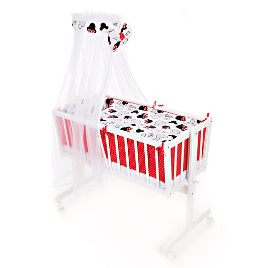 Pendelwiege für Baby mit Minnie-Mouse-Bettwäsche, weiße Babywiege mit Himmel und kompletter Garnitur
